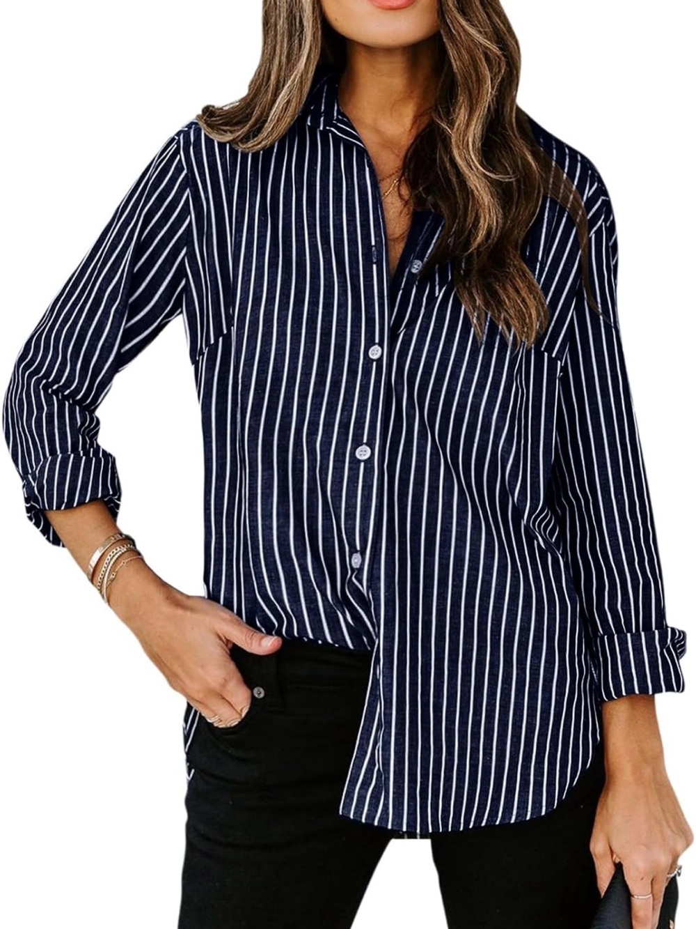 Striped Button-Down Shirt - Navy White